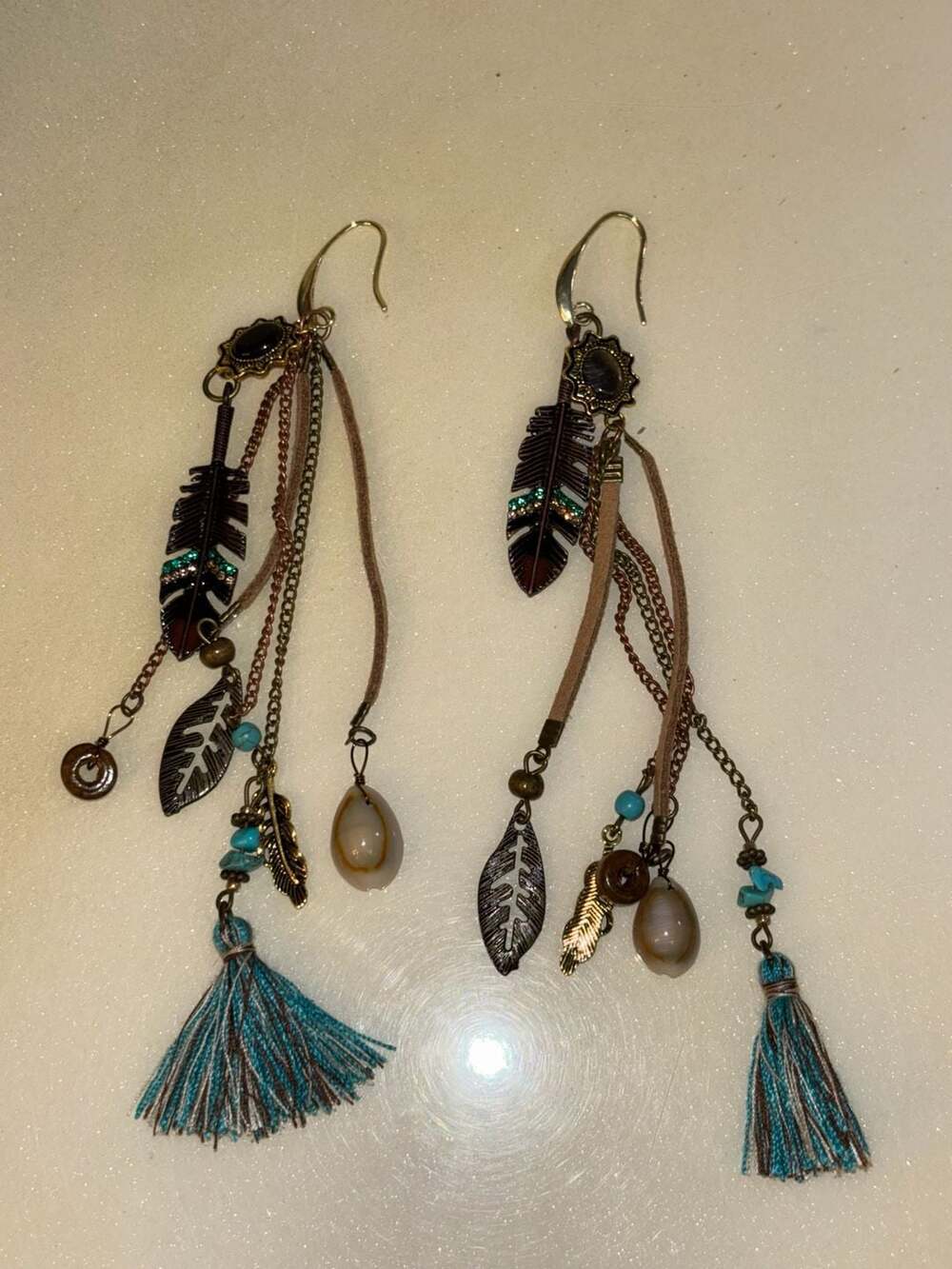 Boho Western Style Dangle Earrings with Feather, Tassel, Cowrie Shell, and Turqu